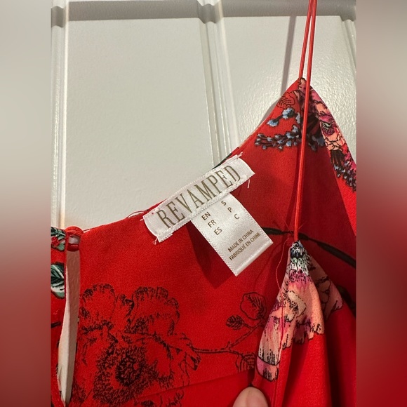 Revamped red patterned cami with thin elastic straps. - Picture 2 of 3